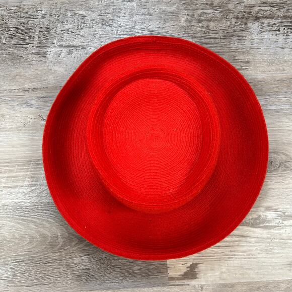 Vintage Red Structured Boater Hat Wide Brim Acrylic Statement Accessory Bold - Picture 2 of 7